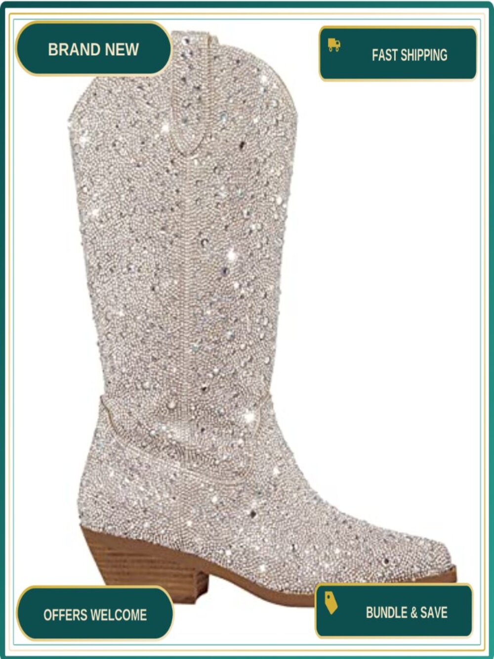 Women's Rhinestone Cowboy Boots Pointed Toe Mid Calf Cowgirl Block Heel Sparkly